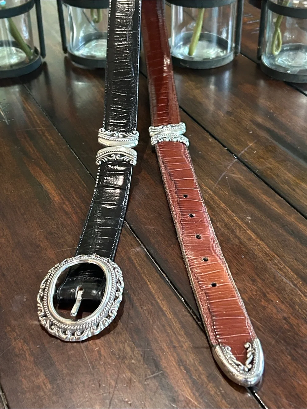Brighton Women's reversible Black Croc-Embossed Leather Belt w/ Silver Buckle